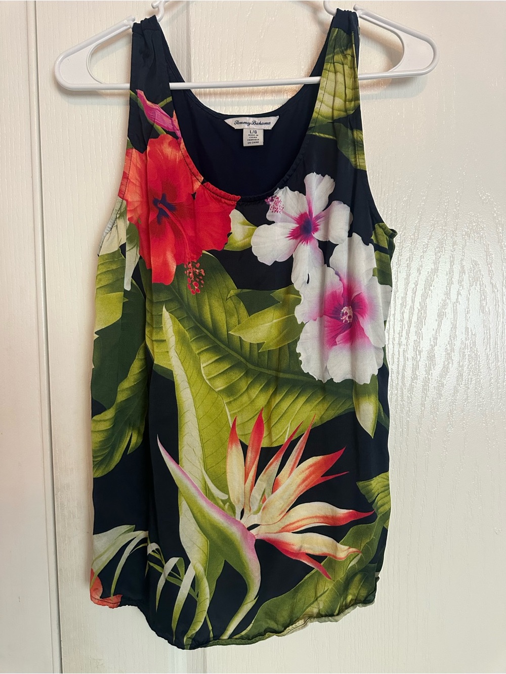 Tommy Bahama Tropical Floral Sleeveless Blouse Top Navy Size L